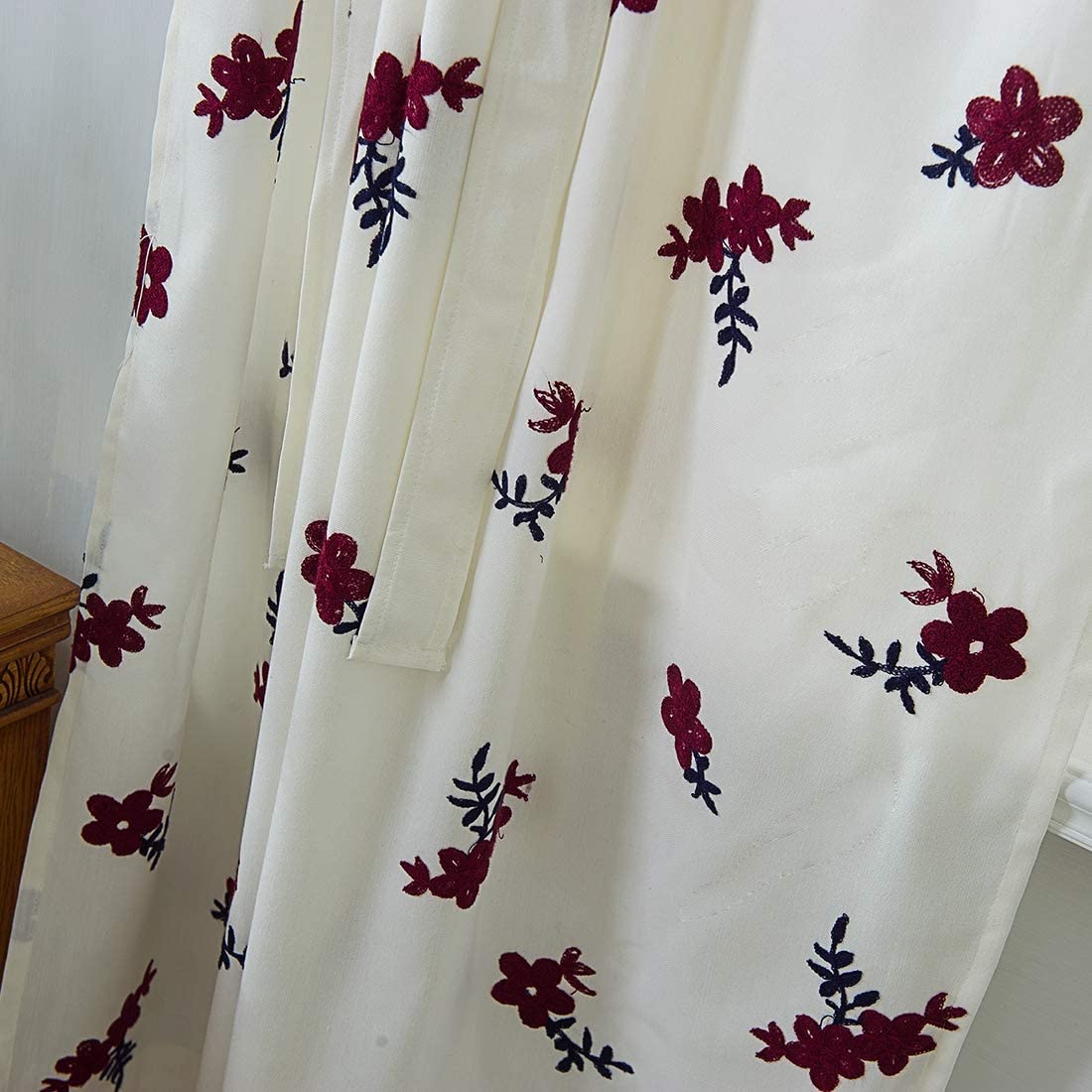 Embroidered Farmhouse Tie Up Shade Curtain for Small Window Rod Pocket 1 Piece, Red Floral