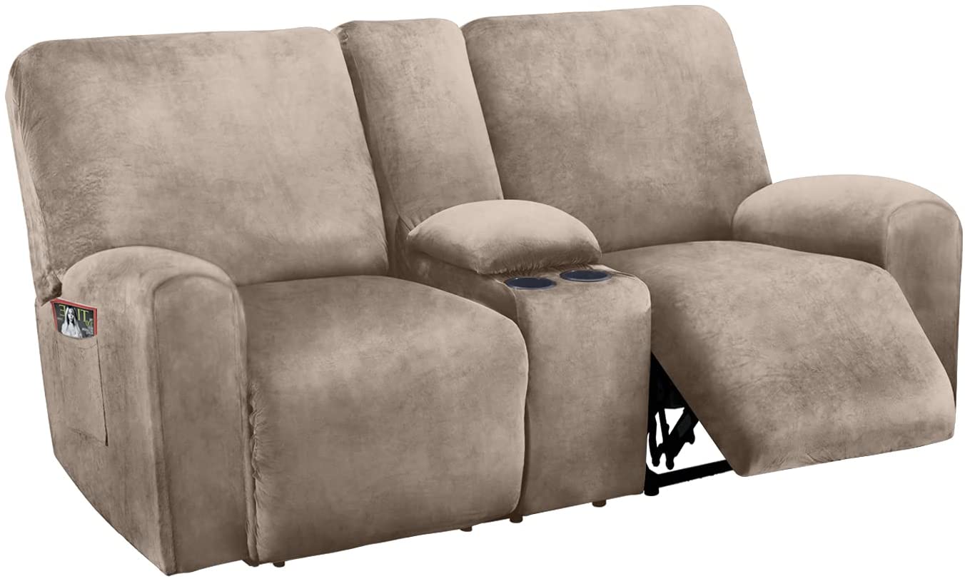 2 Seater with Middle Console Slipcover, Velvet Stretch Loveseat Reclining Sofa Covers, Thick, Soft, Washable, Taupe