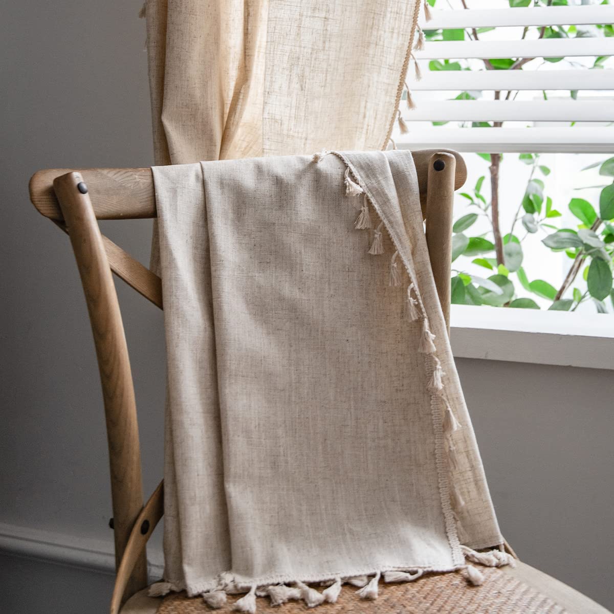 Boho Windows Sheer Curtains Crochet Vintage Cotton Tassel Window Curtains Panels for Bedroom Living Room (Linen Textured, Set of 2 Pieces)