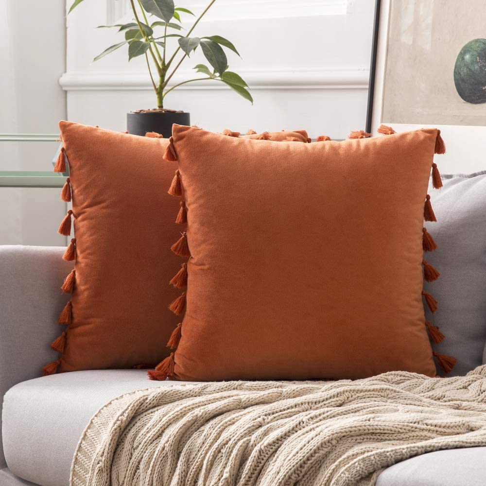 Pack of 2 Velvet Soft Solid Decorative Throw Pillows with Tassels Fringe Boho Accent Cushion for Couch Sofa Bed, Orange