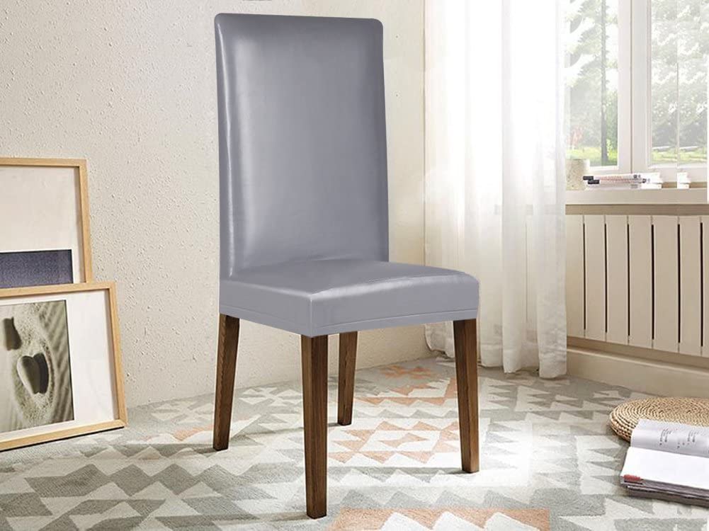 Dining Chair Covers, Solid Pu Leather Waterproof and Oilproof Stretch Slipcover, 2/4/6/8, Grey