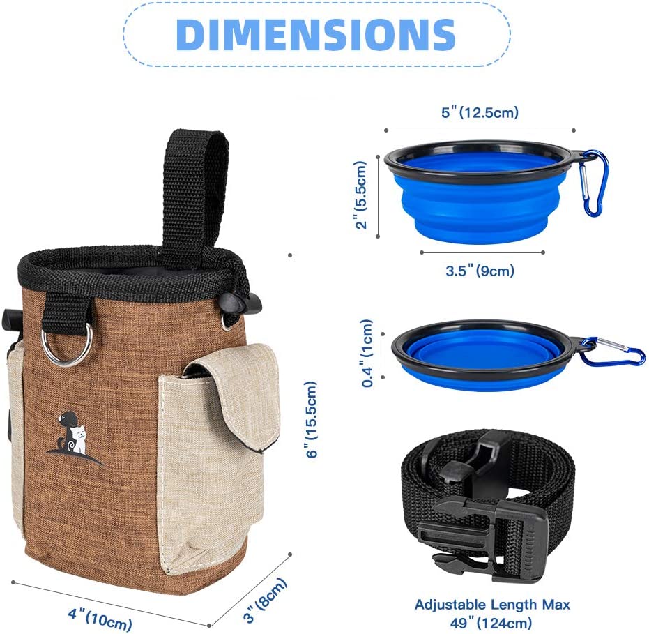 Dog Treat Pouch Dog Treat Bag with Dog Bowl for Training Small to Large Dogs Animal Walking Snack Container Easily Carries Pet Toys & Kibble (Brown)