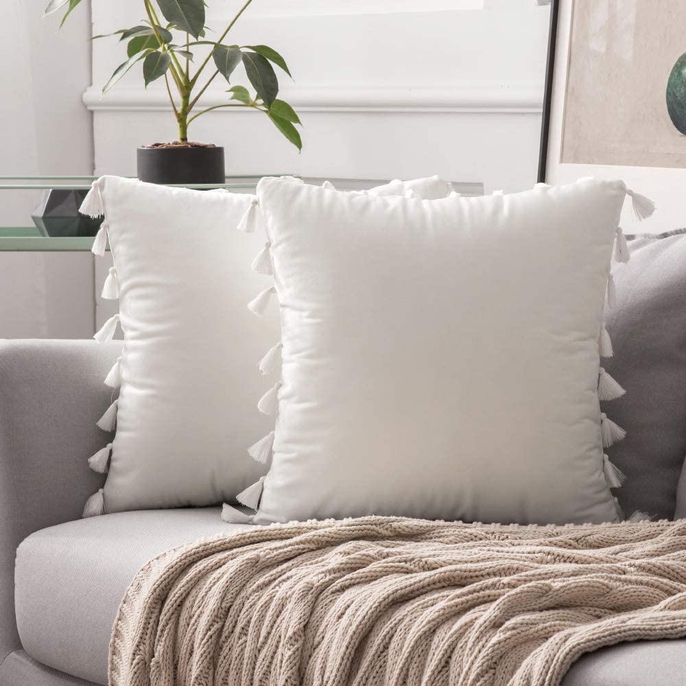 Pack of 2 Velvet Soft Solid Decorative Throw Pillows with Tassels Fringe Boho Accent Cushion for Couch Sofa Bed, Pure White