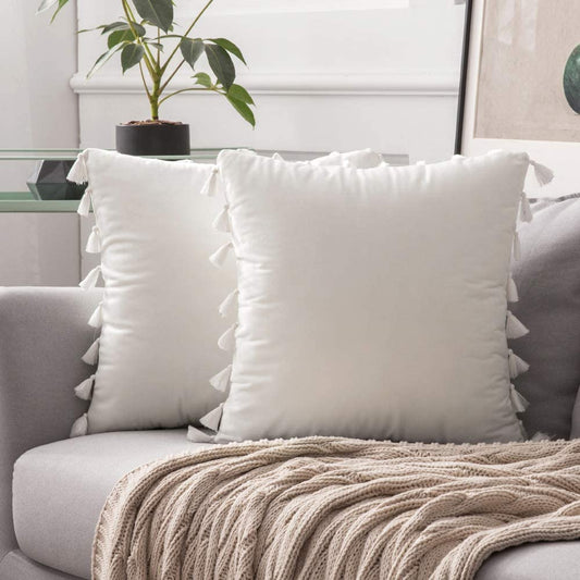 Pack of 2 Velvet Soft Solid Decorative Throw Pillows with Tassels Fringe Boho Accent Cushion for Couch Sofa Bed, Pure White