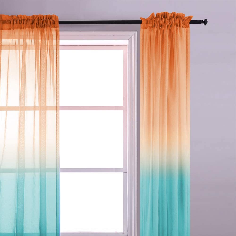 Ombre Sheer Curtains for Bedroom 2 Pieces Set Reversible Lemon Orange and Green