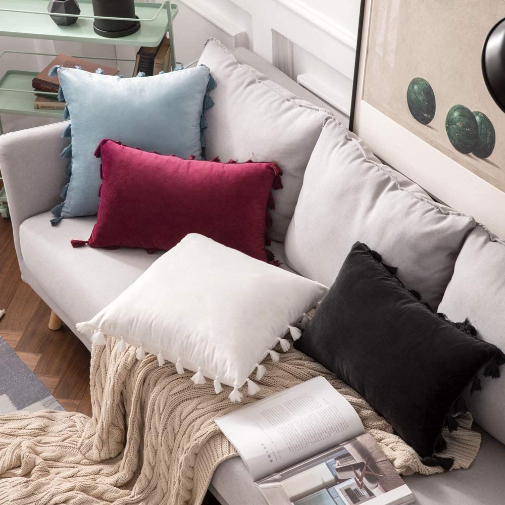 Pack of 2 Velvet Soft Solid Decorative Throw Pillows with Tassels Fringe Boho Accent Cushion for Couch Sofa Bed, Burgundy