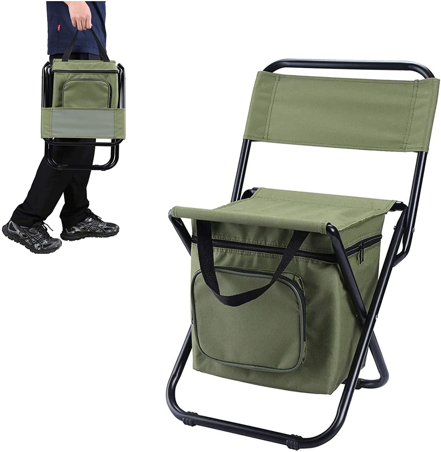 Portable Foldable Camping Chair with Cooler Bag, Lightweight Backrest Stool Compact Folding Chair Seat, Outdoor Backrest Stool with Folding Backpack for Camping Hunting Fishing Hiking