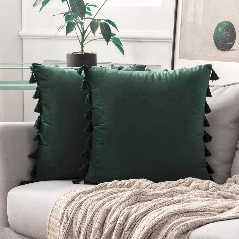 Pack of 2 Velvet Soft Solid Decorative Throw Pillows with Tassels Fringe Boho Accent Cushion for Couch Sofa Bed, Army Green