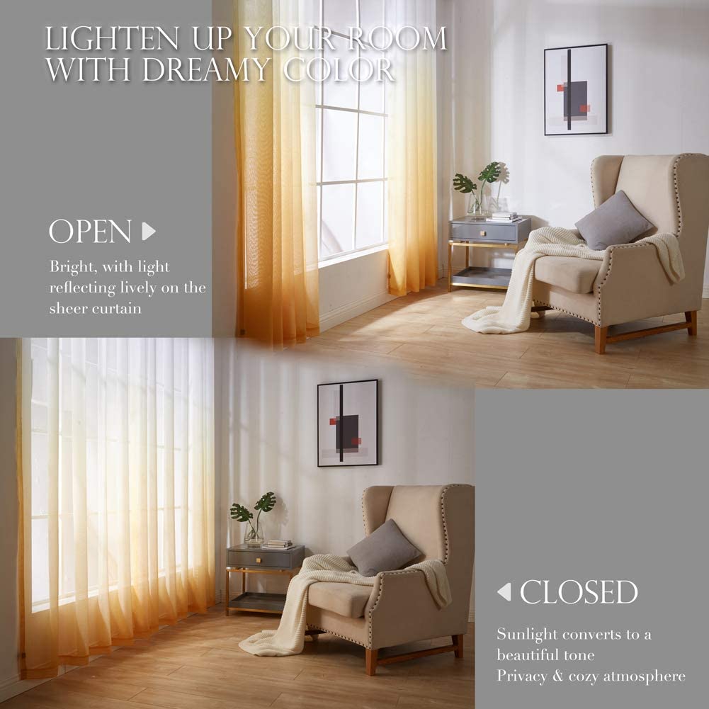 2x Ombre Sheer Curtains Draperies Window Treatment, White and Yellow