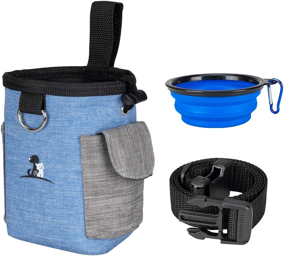 Dog Treat Pouch Dog Treat Bag with Dog Bowl for Training Small to Large Dogs Animal Walking Snack Container Easily Carries Pet Toys & Kibble (Blue)