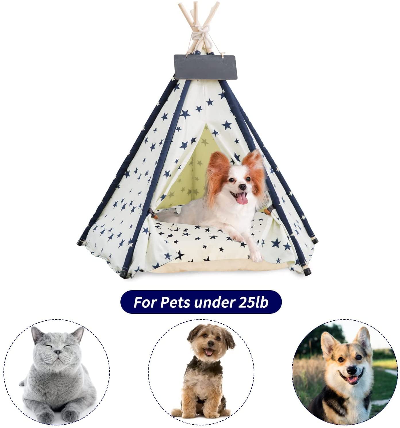 Pet Teepee with Cushion for Dogs and Cats Puppies House with Bed Pet Tent Bed Indoor Outdoor, Off White