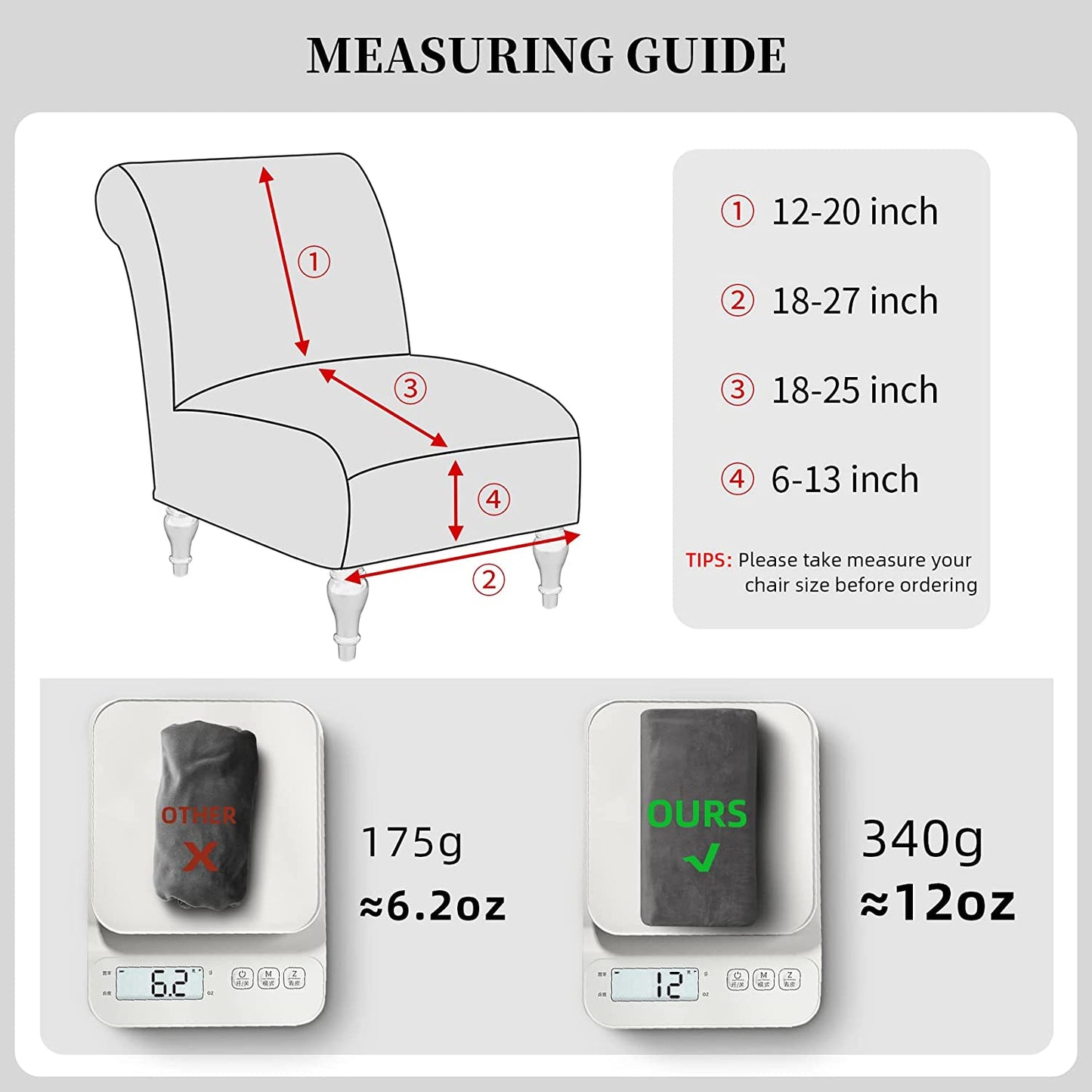 Armless Velvet Accent Chair Slipcover High Stretch Chair Covers with Elastic Bottom Removable Chair Slipcover Without Arms for Living Room Hotel, Grey
