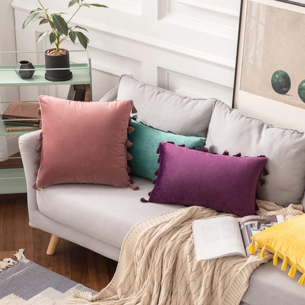 Pack of 2 Velvet Soft Solid Decorative Throw Pillows with Tassels Fringe Boho Accent Cushion Case for Couch Sofa Bed, Dark Green
