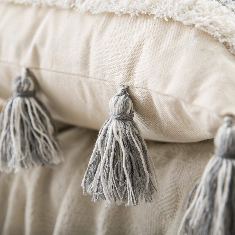 Tribal Boho Woven with Tassels Pillow Square Soft Couch Pillows Set of 2 (Inserts + Pillow Covers, Grey)