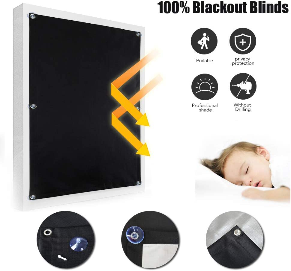 2x Blackout Blind Shade with Suction Cups Temporary Portable Window Cover for Travel Baby Nursery Bedroom Car RV Thermal Insulated 100% Blackout Darkening Curtain(Black)