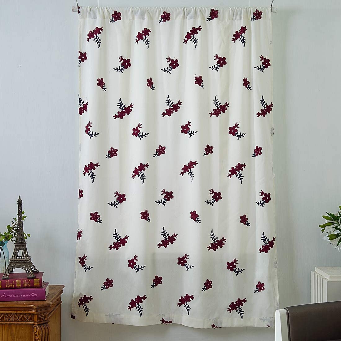 Embroidered Farmhouse Tie Up Shade Curtain for Small Window Rod Pocket 1 Piece, Red Floral
