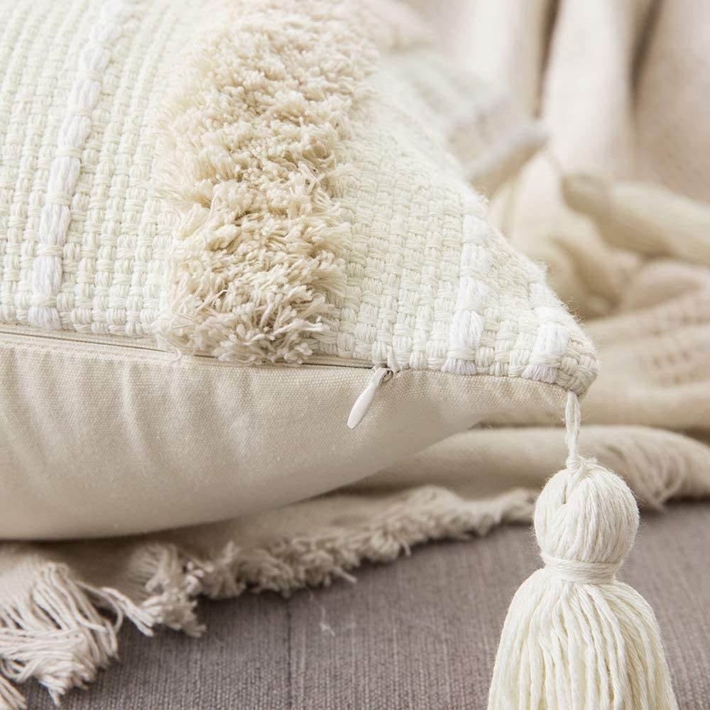 Decorative Throw Pillow Cover Tribal Boho Woven Tufted Lumbar Pillowcase Soft Cushion Set of 2 (Inserts + Pillow Covers,Cream White )