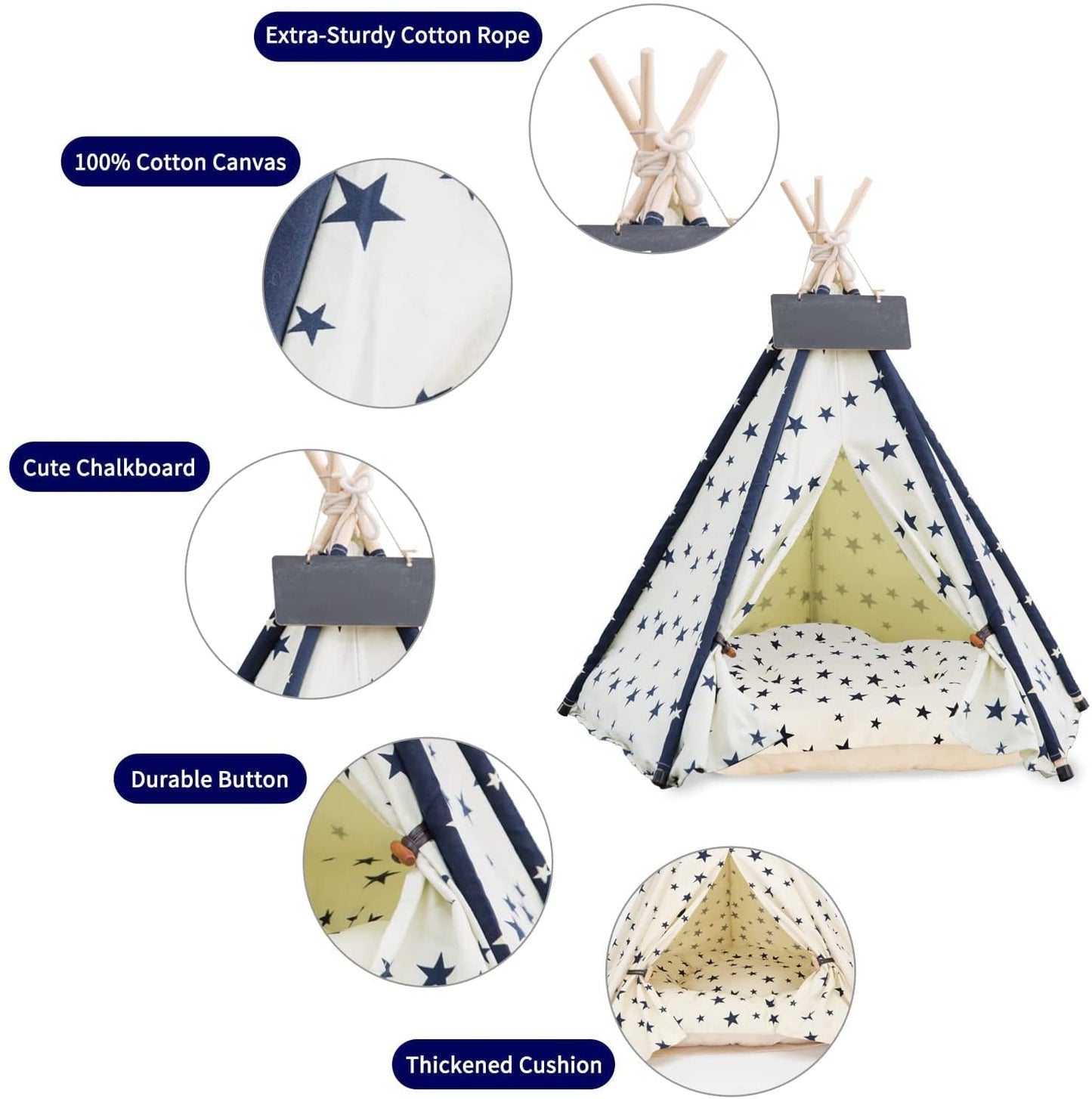 Pet Teepee with Cushion for Dogs and Cats Puppies House with Bed Pet Tent Bed Indoor Outdoor, Off White