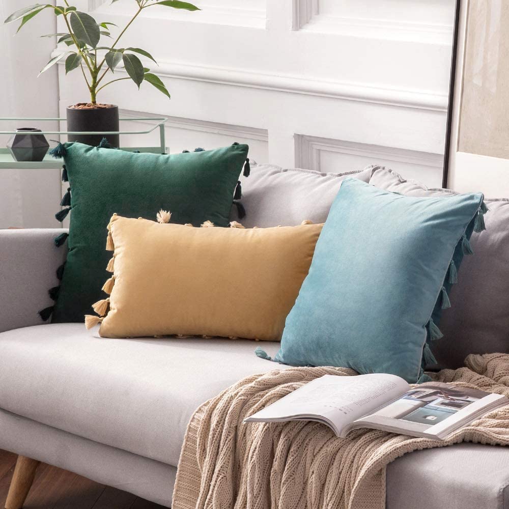 Pack of 2 Velvet Soft Solid Decorative Throw Pillows with Tassels Fringe Boho Accent Cushion for Couch Sofa Bed, Army Green