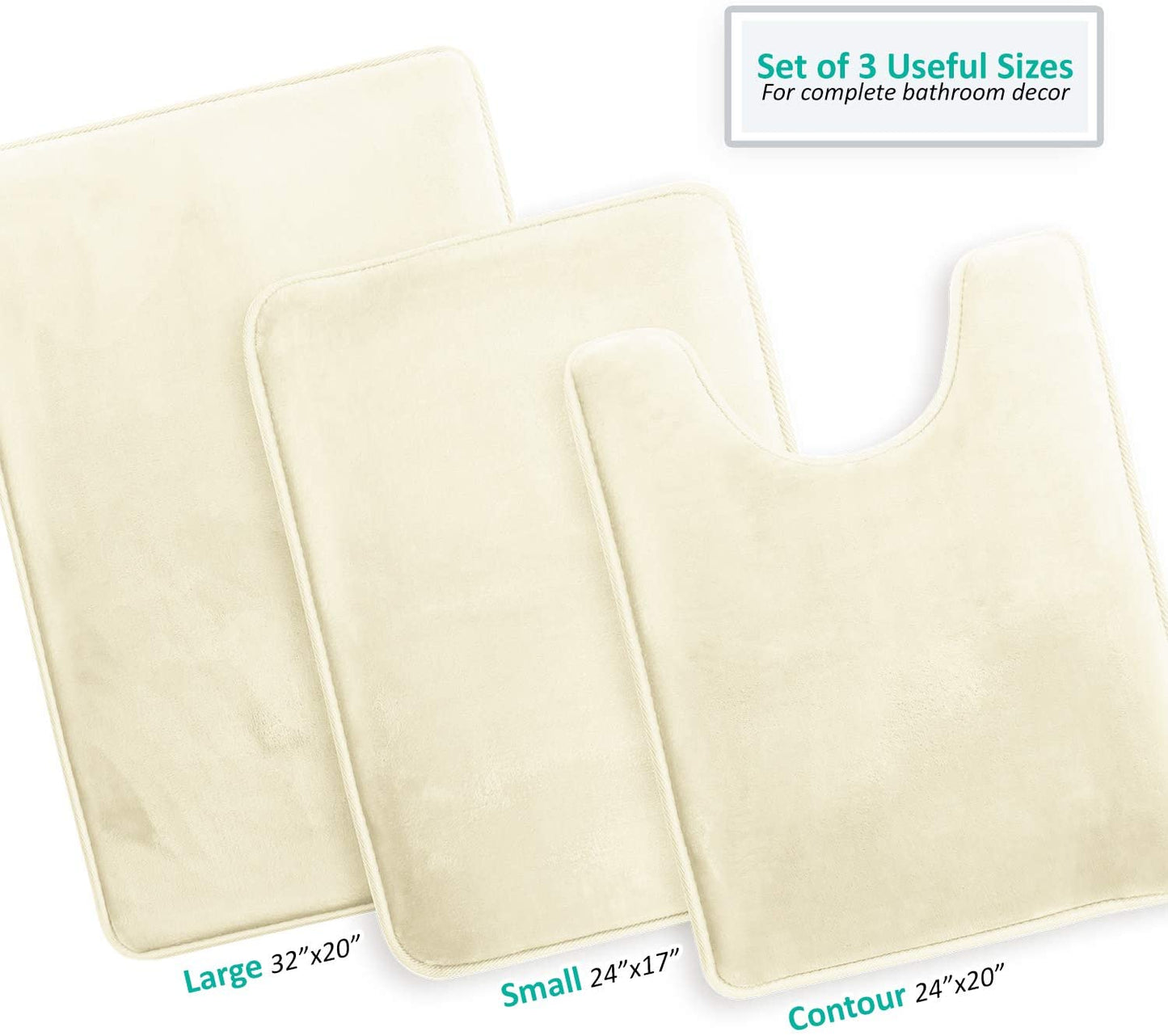 Bathroom Rugs Memory Foam Bath Mat Set for Bathroom, Non Slip Absorbent Velvet - Fast Drying –Bathroom Rug and Contour Rug Set 3 Piece - White