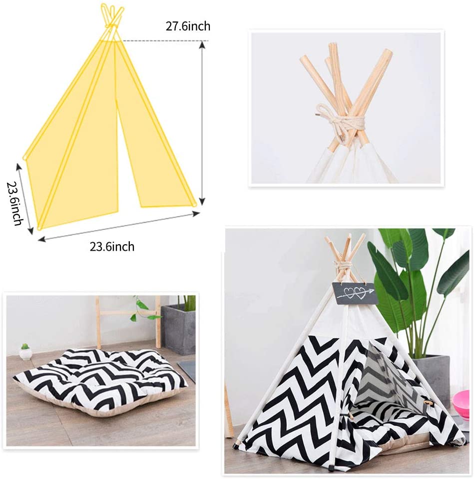 Pet Teepee with Cushion for Dogs and Cats Puppies House with Bed Pet Tent Bed Indoor Outdoor, Off White