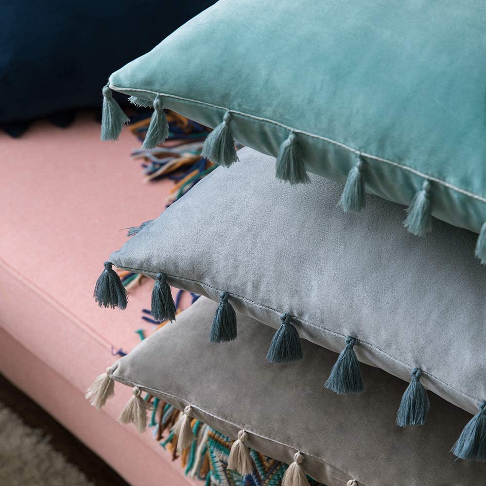 Pack of 2 Velvet Soft Solid Decorative Throw Pillows with Tassels Fringe Boho Accent Cushion for Couch Sofa Bed, Aqua Green