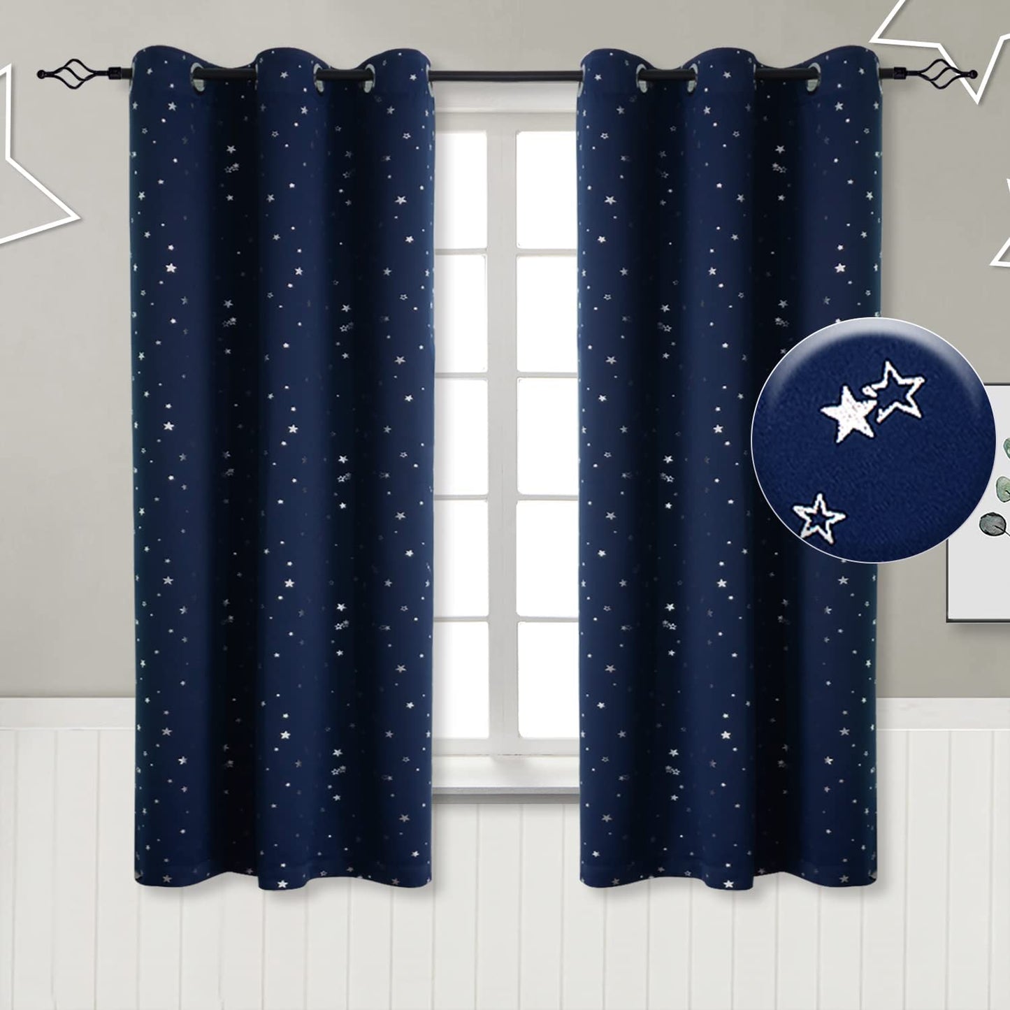Navy Star Blackout Curtains for Kid's Bedroom - Eyelet Thermal Insulated Room Darkening Printed Curtains for Living Room, Set of 2