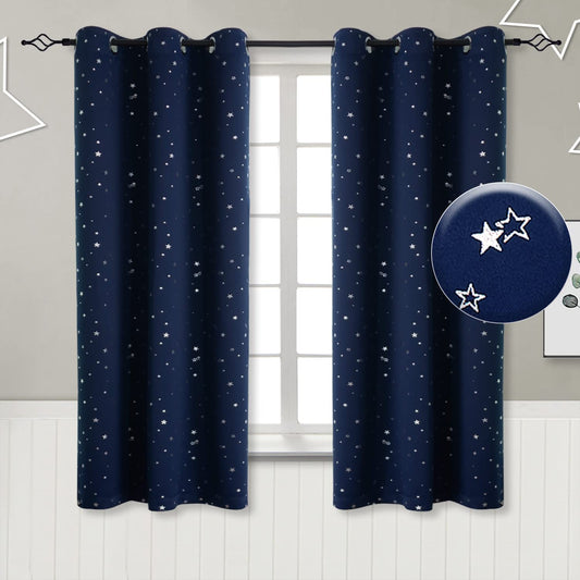 Navy Star Blackout Curtains for Kid's Bedroom - Eyelet Thermal Insulated Room Darkening Printed Curtains for Living Room, Set of 2