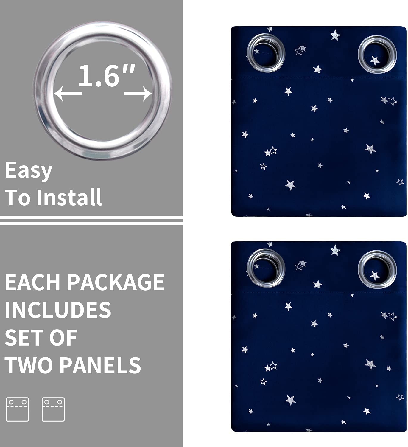 Navy Star Blackout Curtains for Kid's Bedroom - Eyelet Thermal Insulated Room Darkening Printed Curtains for Living Room, Set of 2