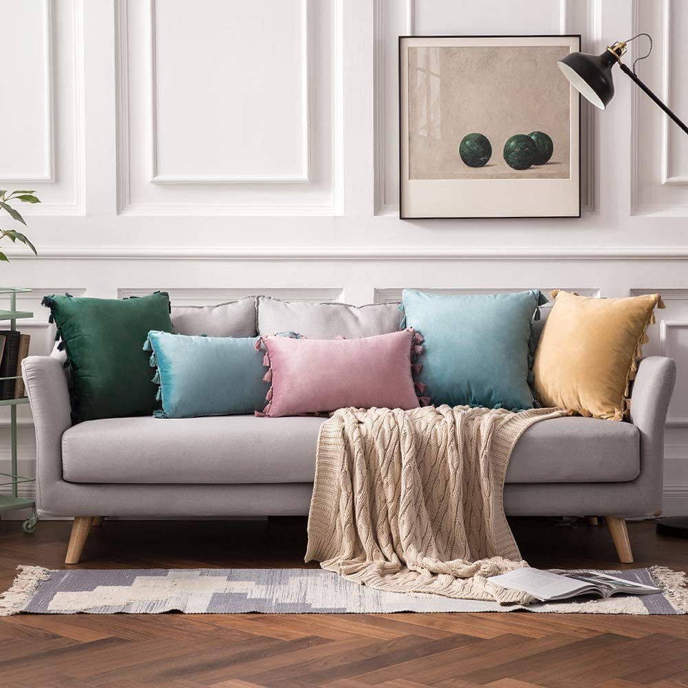Pack of 2 Velvet Soft Solid Decorative Throw Pillows with Tassels Fringe Boho Accent Cushion for Couch Sofa Bed, Army Green