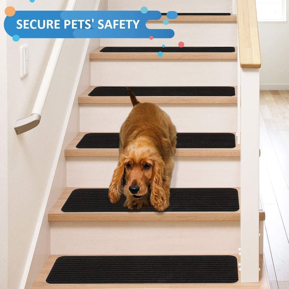 Stair Treads Carpet Non-Slip Indoor Stair Runners for Wooden Steps, Stair Rugs for Kids and Dogs, Set of 15, 8" X 30", Black