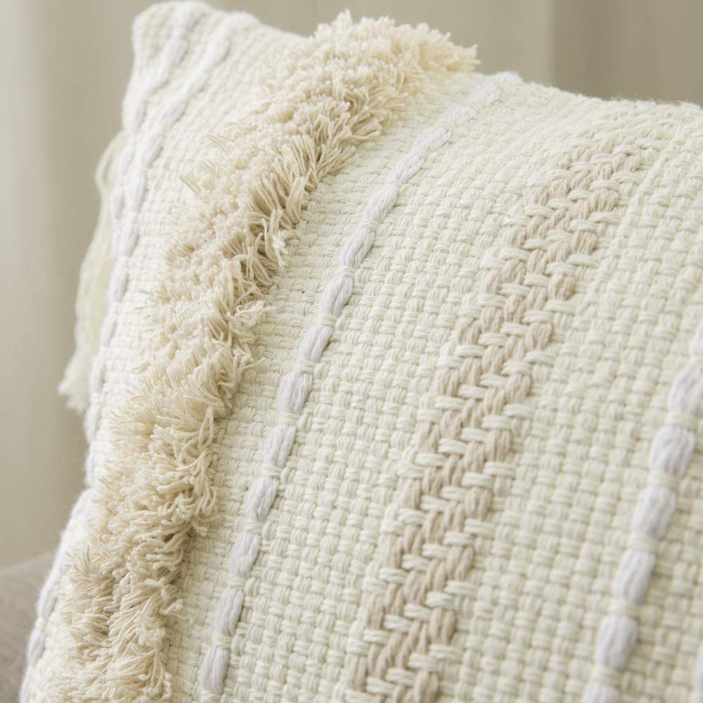 Decorative Throw Pillow Cover Tribal Boho Woven Tufted Lumbar Pillowcase Soft Cushion Set of 2 (Inserts + Pillow Covers,Cream White )