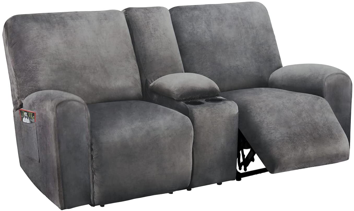 2 Seater with Middle Console Slipcover, Velvet Stretch Loveseat Reclining Sofa Covers, Thick, Soft, Washable, Grey