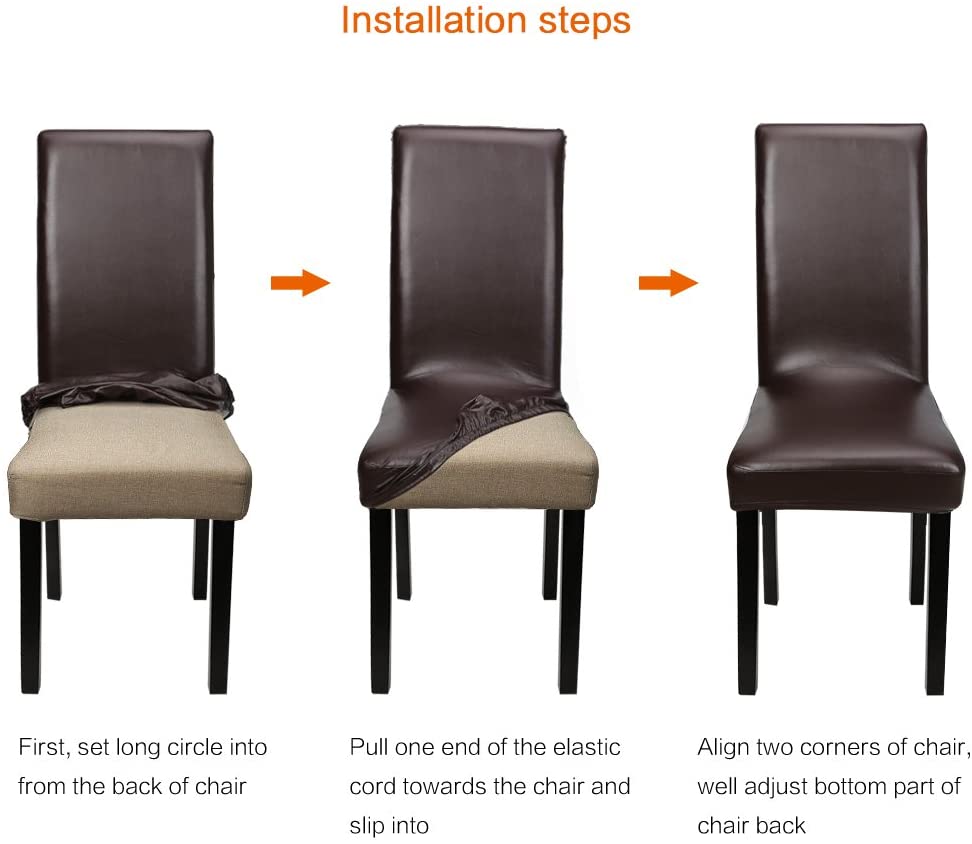 Dining Chair Covers, Solid Pu Leather Waterproof and Oilproof Stretch Slipcover, 2/4/6/8, Brown