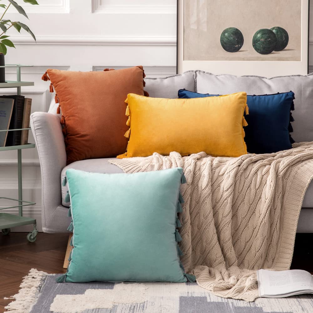 Pack of 2 Velvet Soft Solid Decorative Throw Pillows with Tassels Fringe Boho Accent Cushion for Couch Sofa Bed, Orange