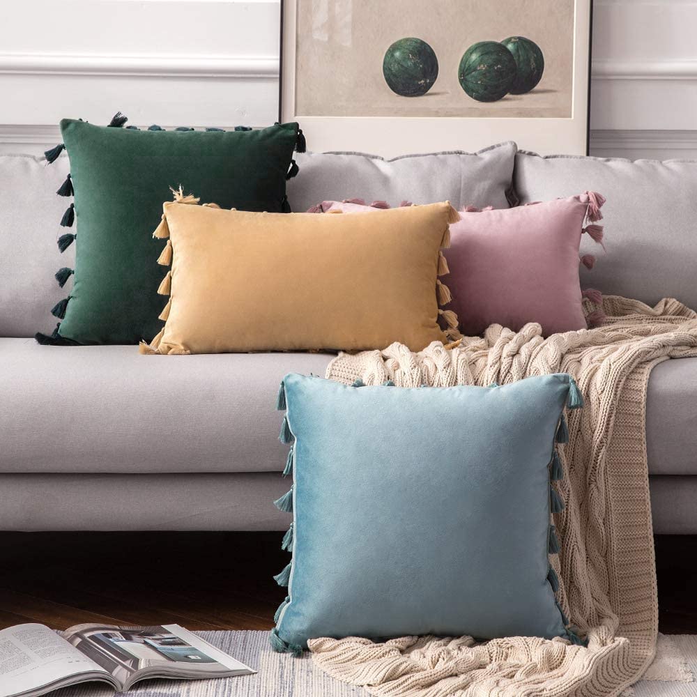 Pack of 2 Velvet Soft Solid Decorative Throw Pillows with Tassels Fringe Boho Accent Cushion for Couch Sofa Bed, Army Green