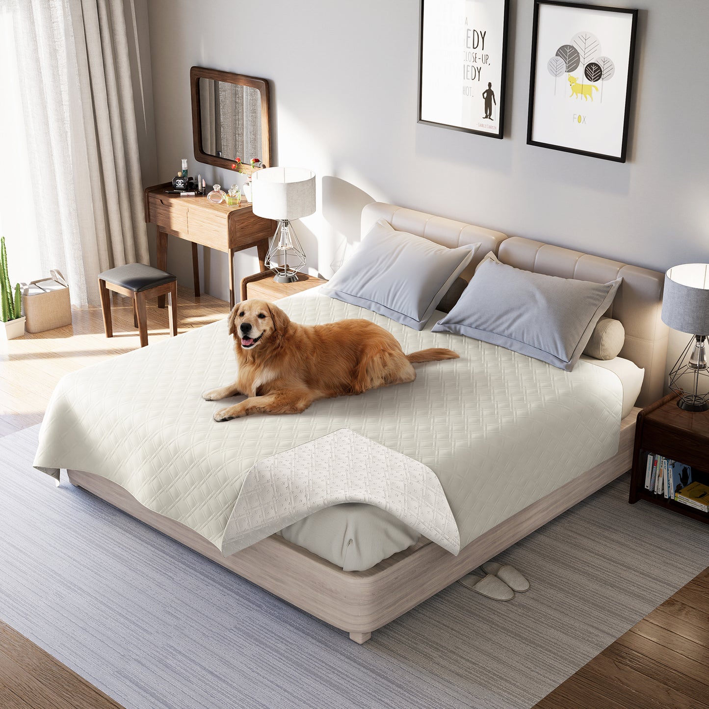 Waterproof Dog Bed Cover Pet Blanket with Anti-Slip Back for Furniture Bed Couch Sofa-Ivory