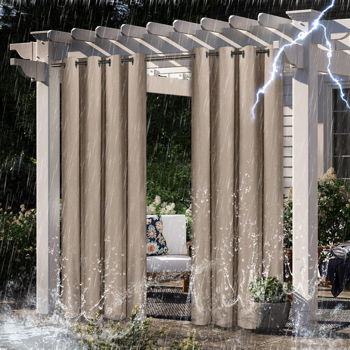 Blackout Indoor/Outdoor Curtains Linen Woven Grommet Curtain Panels, Khaki