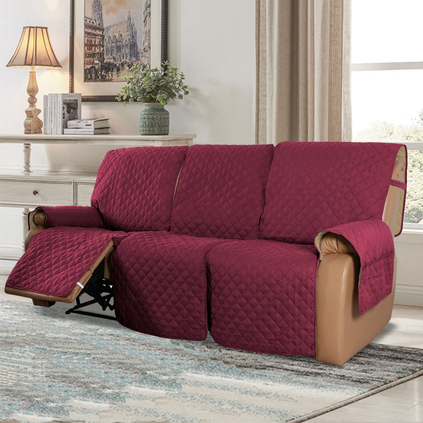 Recliner Sofa Cover with Pocket, Slipcovers Reversible Washable Elastic Adjustable Strap for home(3 Seater,Red）