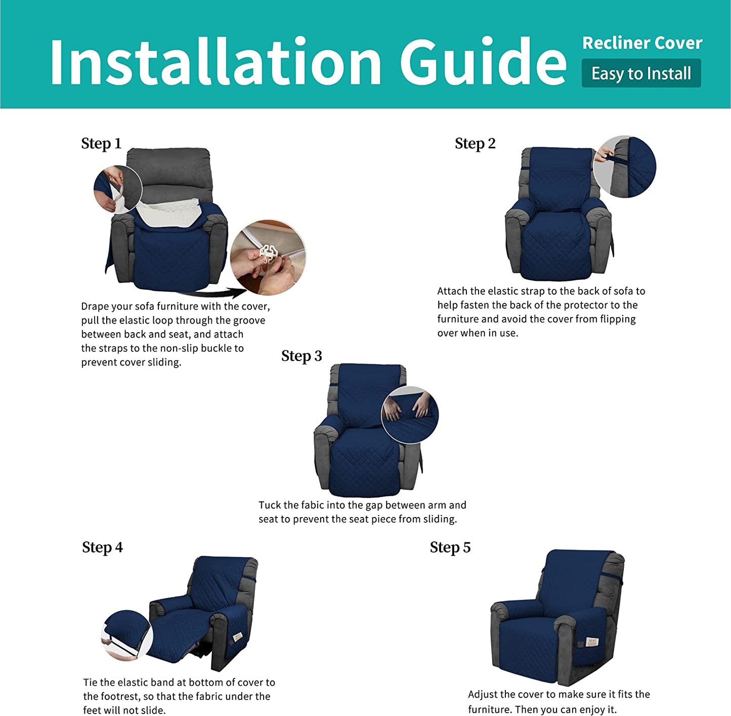 Recliner Sofa Cover with Pocket, Slipcovers Reversible Washable Elastic Adjustable Strap for home(3 Seater,Navy）