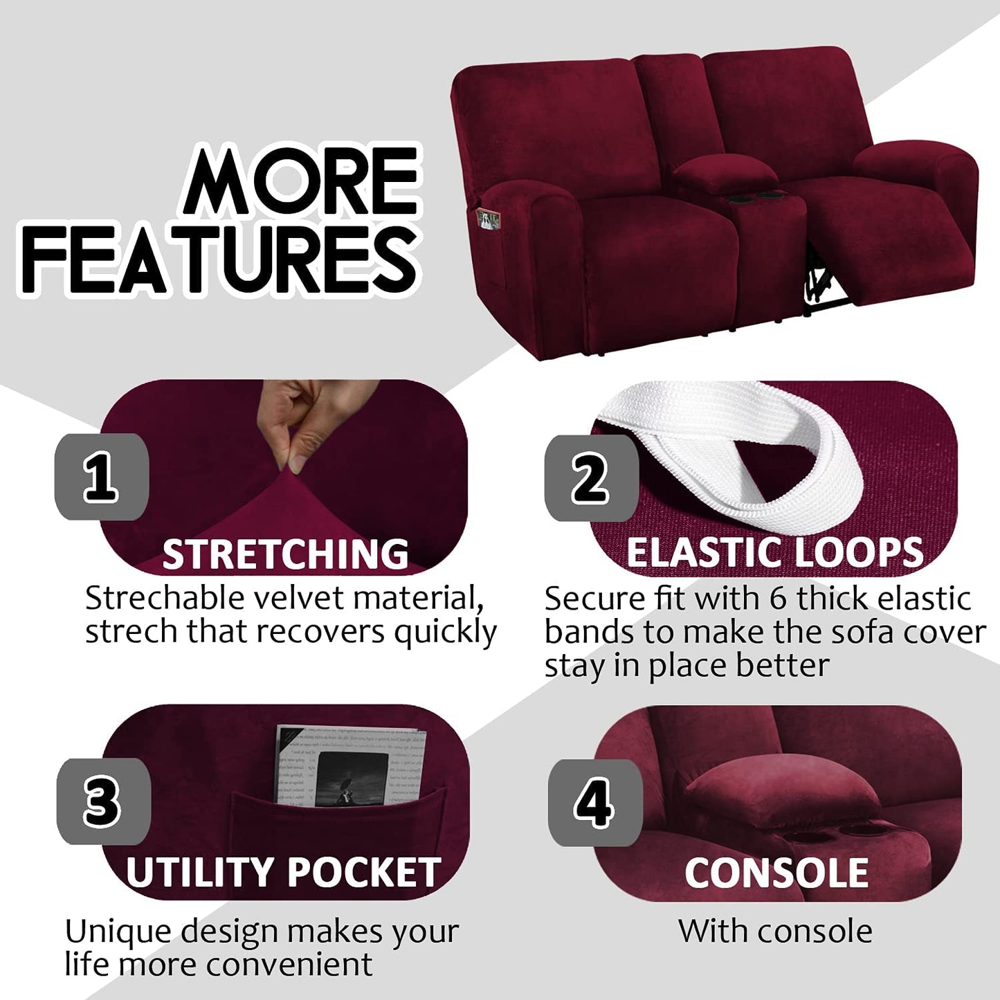 2 Seater with Middle Console Slipcover, Velvet Stretch Loveseat Reclining Sofa Covers, Thick, Soft, Washable, Wine