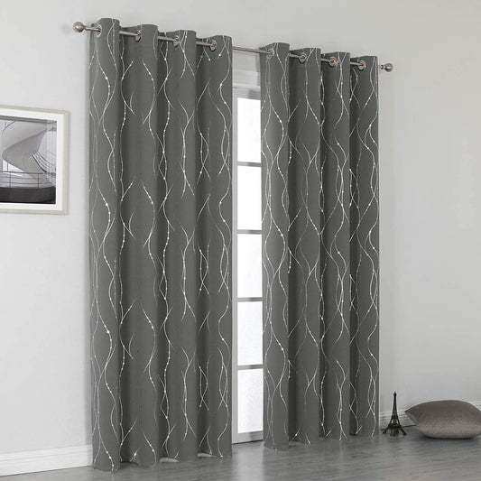 Grey Curtains Bedroom Silver Star Print Design Thermal Insulated Room Darkening Window Treatment Grommet Drapes for Living Room/Kids Game Room Set of 2 Panels