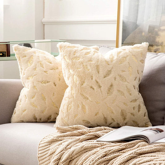 2x Square Throw Pillows Decorative Faux Fur Gold Feathers Gilding Leaves Cushion Cases Soft Fluffy(Inserts + Pillow Covers,Beige)