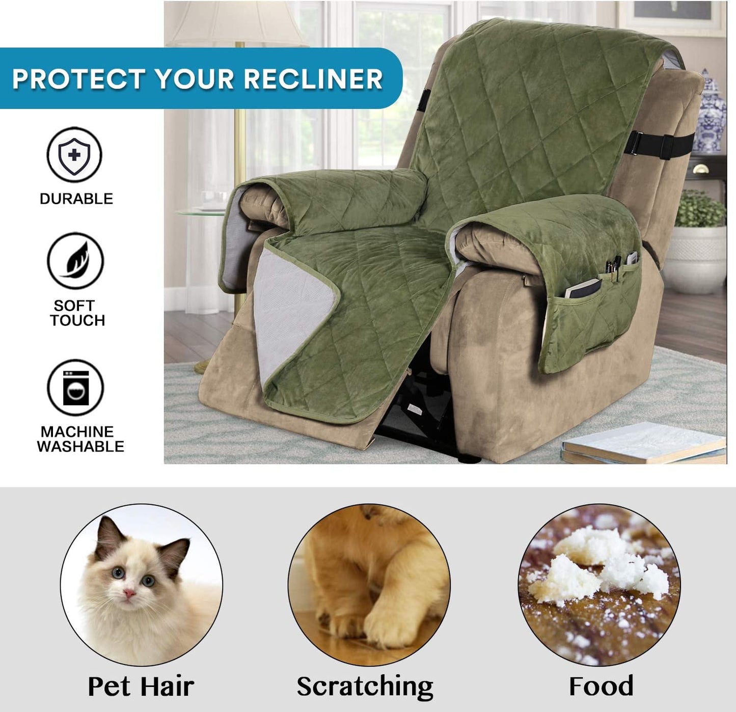 Recliner Covers Velvet Slip Resistant Recliner Sofa Slipcover Seat  Couch Furniture Protector with Elastic Straps Recliner Cover - Loden