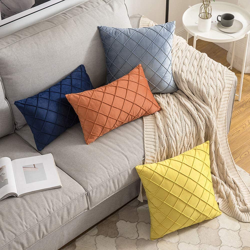 Velvet Throw Pillow Square Soft Couch Pillows Set of 2 (Inserts + Pillow Covers,Orange Yellow)