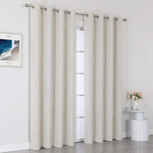 Cream Curtains Bedroom Silver Star Print Design Thermal Insulated Room Darkening Window Treatment Grommet Drapes for Living Room/Kids Game Room Set of 2 Panels