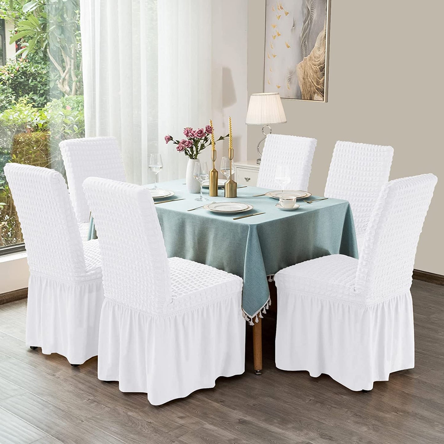 Stretchy Dining Room Chair Covers with Long Skirt, Suitable for families, parties, dirt resistant ,Set of 2/4/6/8 PCS,White