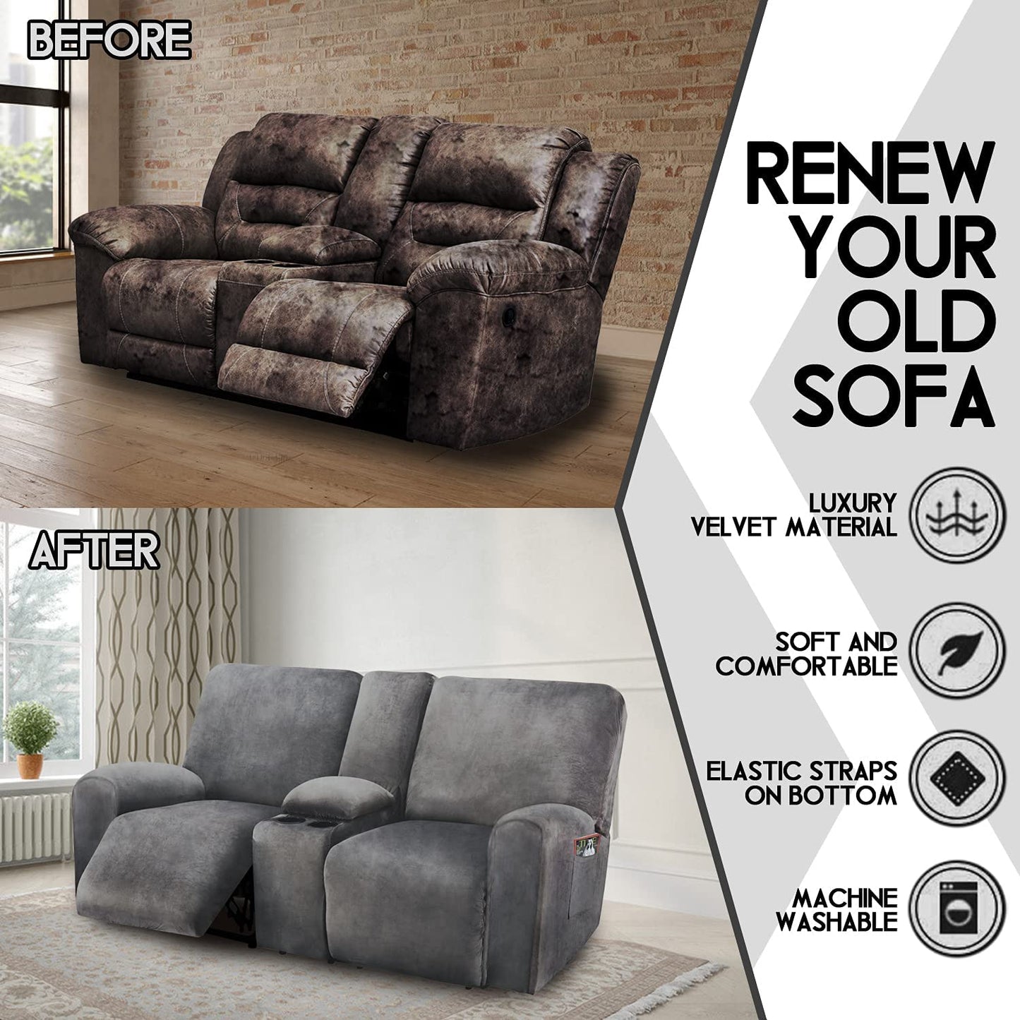 2 Seater with Middle Console Slipcover, Velvet Stretch Loveseat Reclining Sofa Covers, Thick, Soft, Washable, Grey