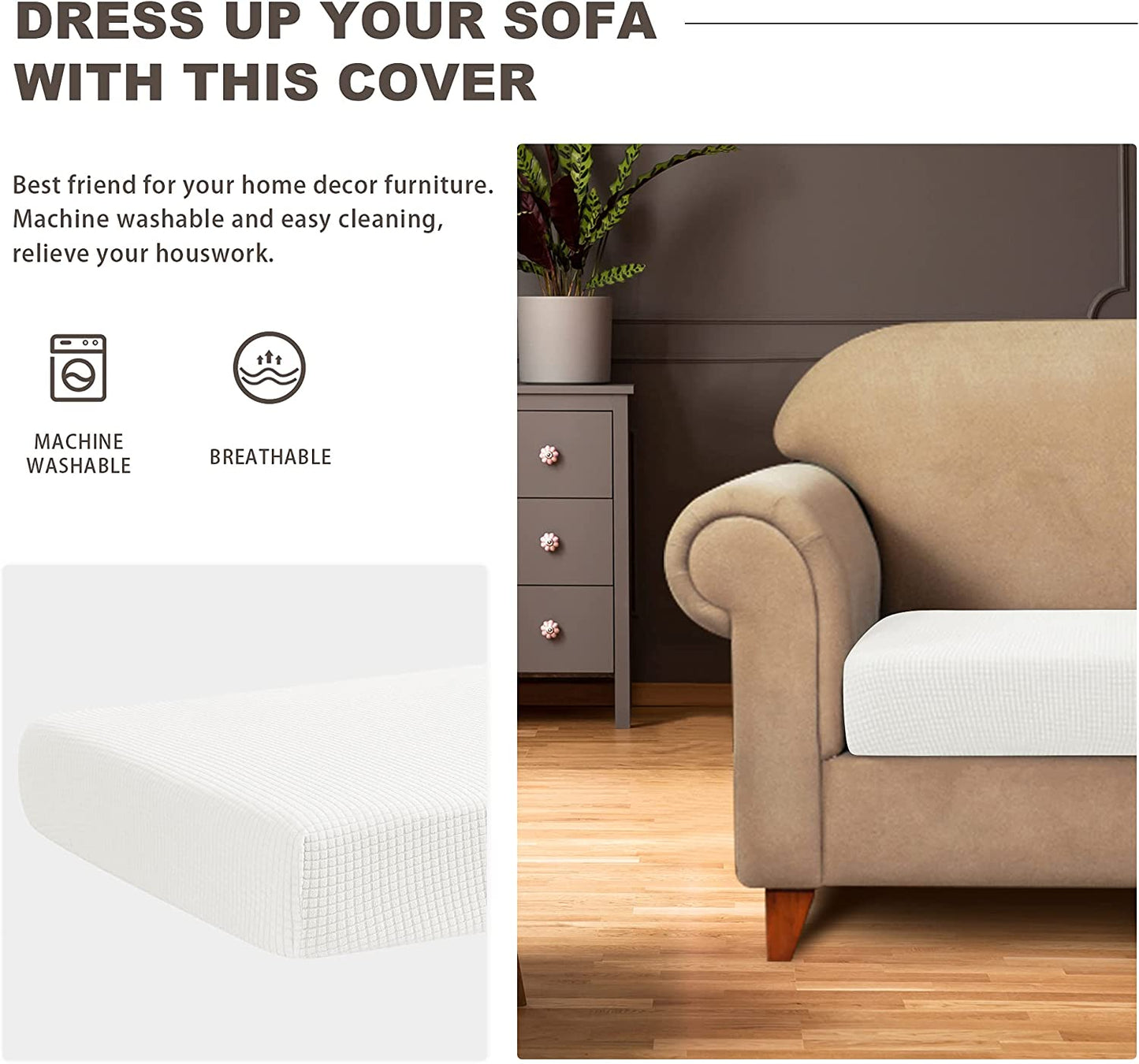 Water Repellent Sofa Couch Cushion Covers Sofa Seat Slipcover Suitable for 1/2/3 Setaer Furniture Protector, Non Slip Small Checks, White