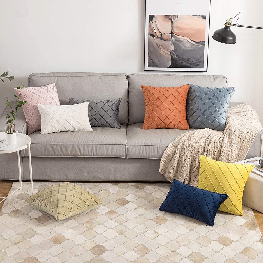 Velvet Throw Pillow Square Soft Couch Pillows Set of 2 (Inserts + Pillow Covers,Orange Yellow)